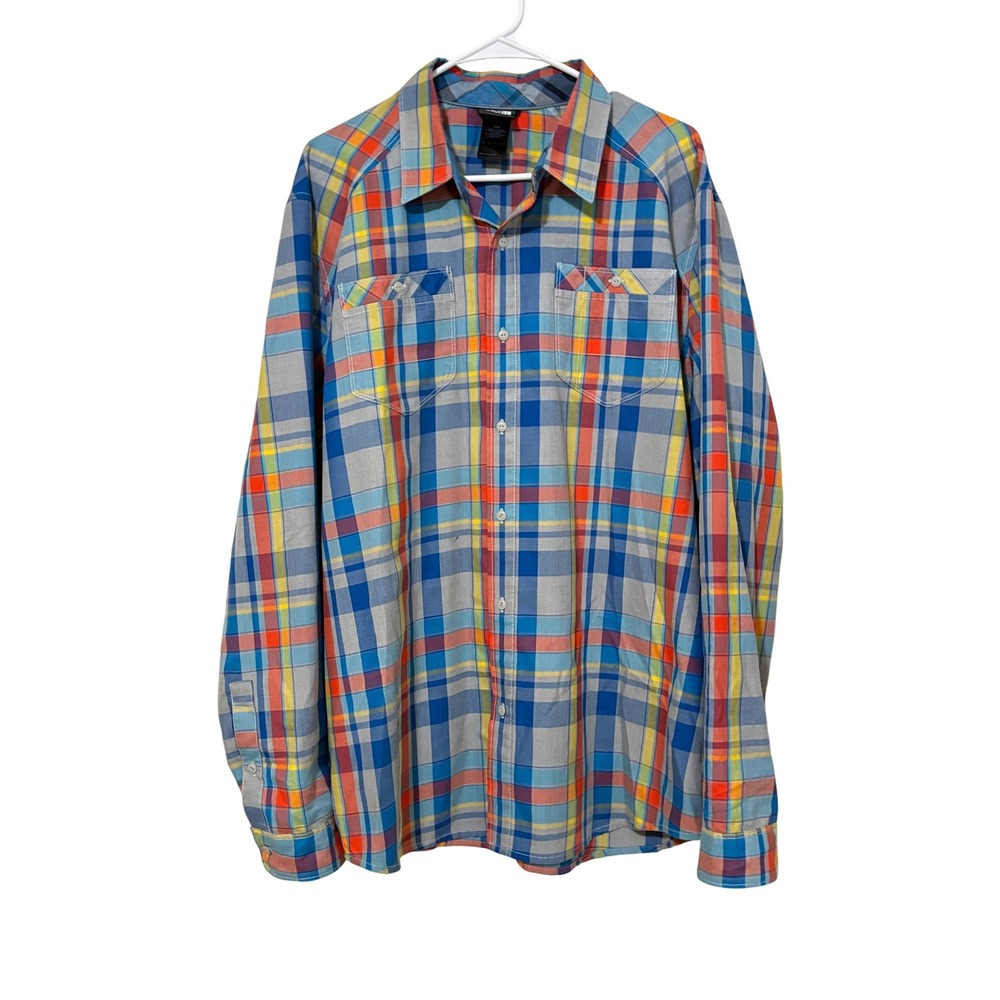 The North Face Mens Large Plaid Button Down Shirt Long Sleeve Blue Orange Yellow